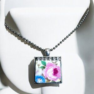 Homer Laughlin Floral Broken China  Square Pendant with Rhinestones Necklace